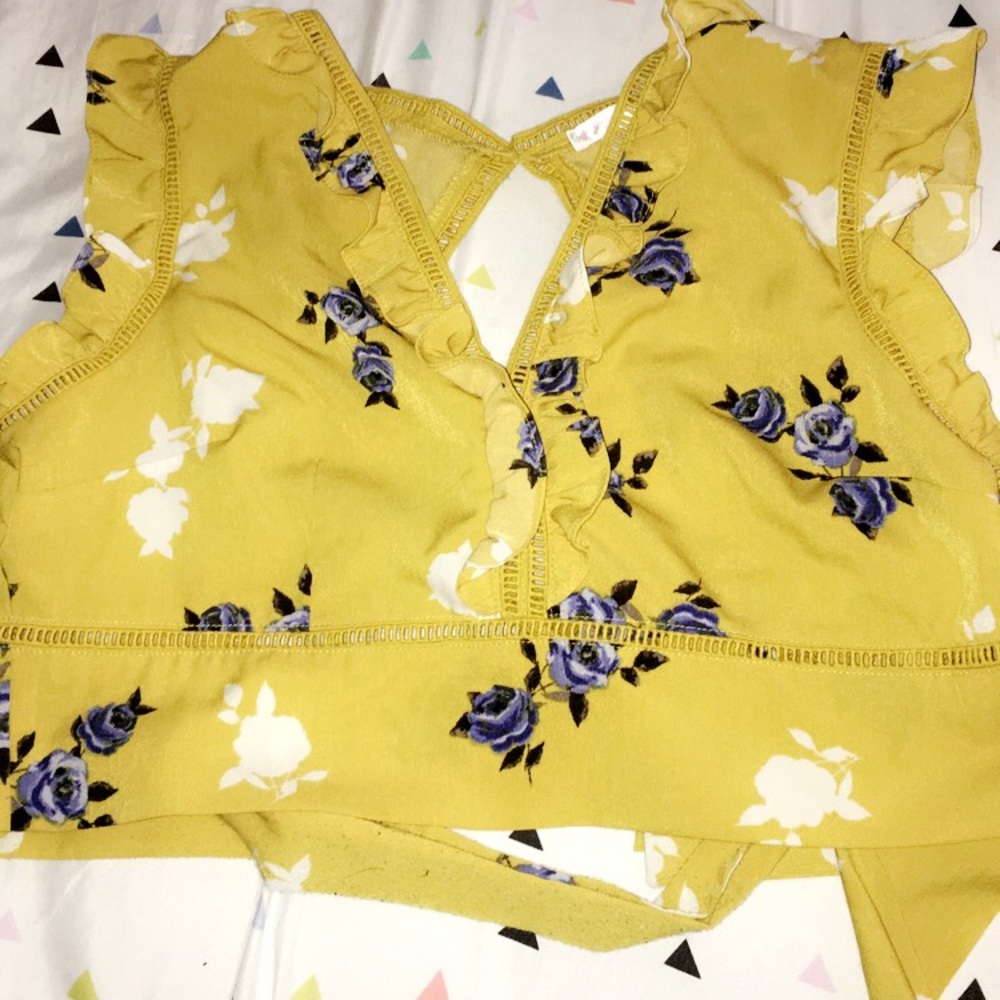 mustard yellow with blue and white flowers blouse